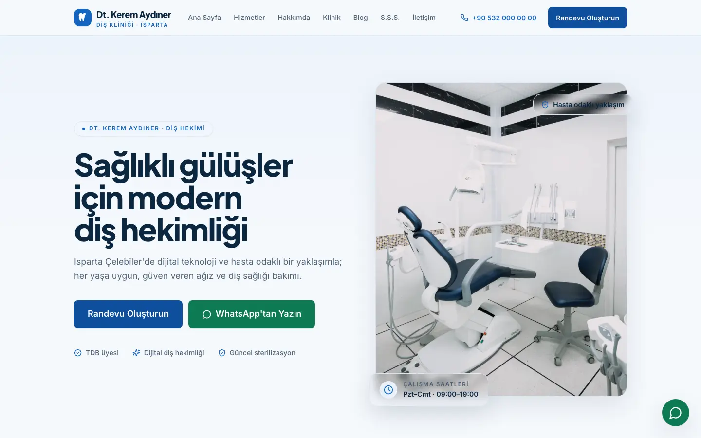 Lale tasarımının diş hekimliği demosundan ana sayfa görünümü